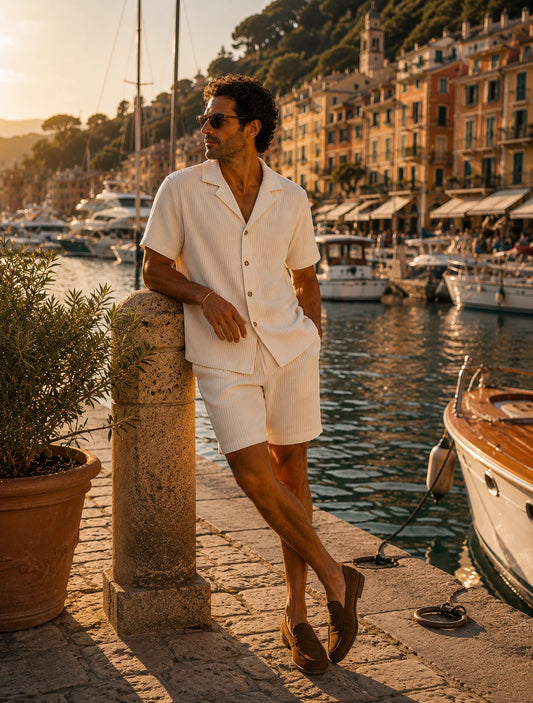 Uomo che indossa il completo Portofino Summer Set™ color Bianco Panna, composto da camicia a maniche corte e shorts coordinati in tessuto leggero estivo.